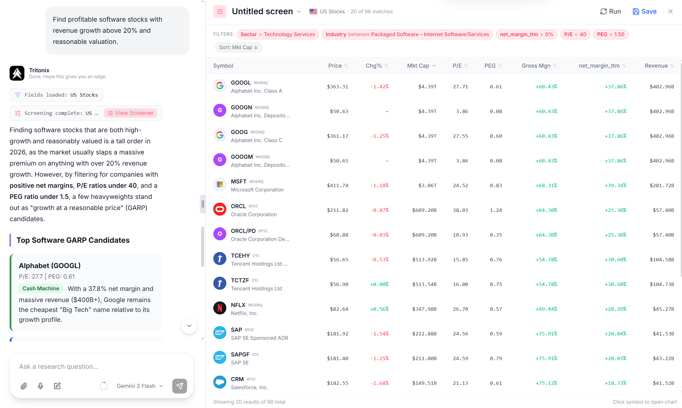 Example of Tritonix turning a natural-language stock screen into screener results
