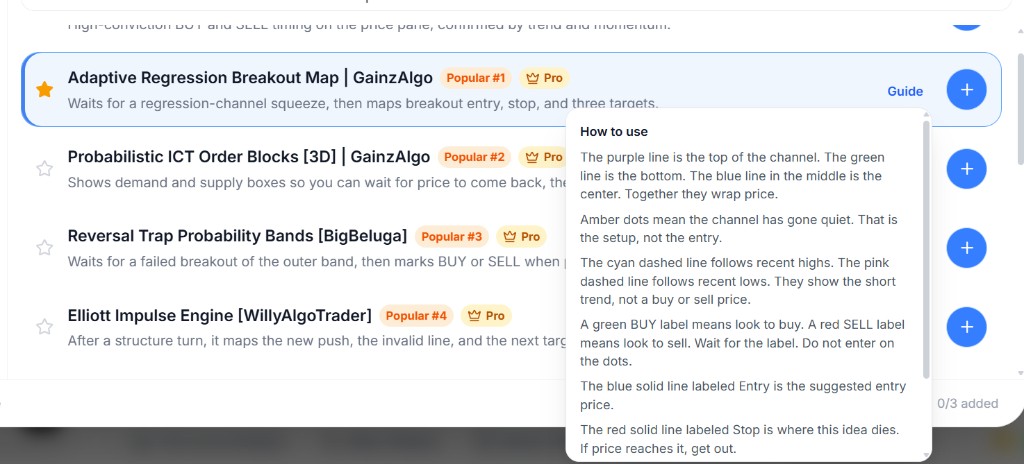Guide popup explaining the colors and lines for one indicator