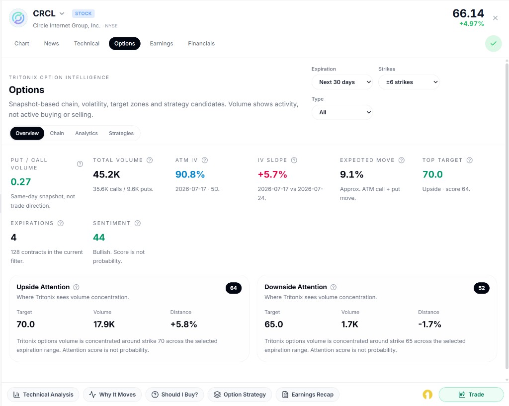 Asset Panel options tab with options overview and strategy context