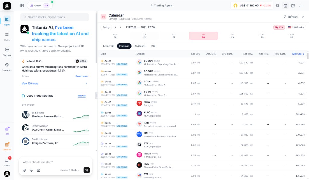 Calendar Panel earnings view with week navigation, market filters, and event rows