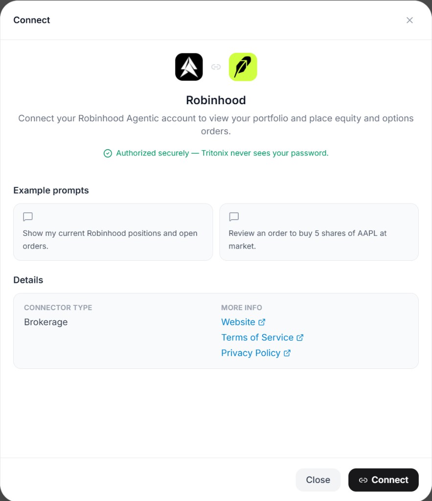 Robinhood connector details modal with example prompts and secure authorization note