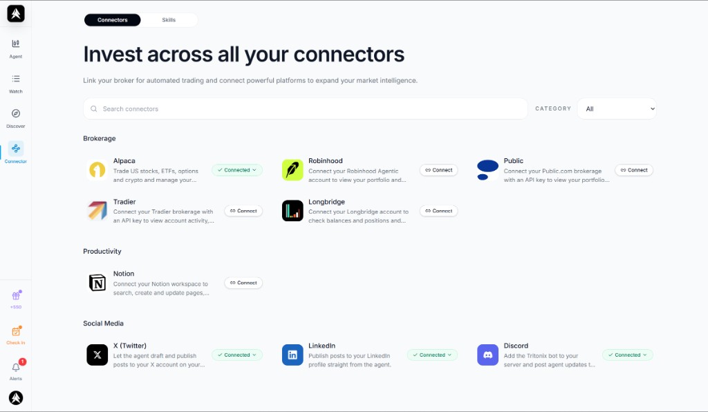 Connectors page showing brokerage, productivity, and social media integrations