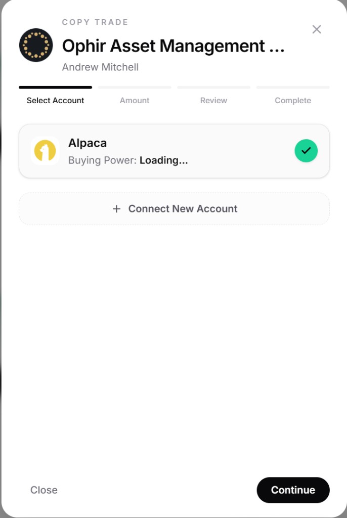 Copy Trade account selection step showing a connected Alpaca account and connect-new-account action