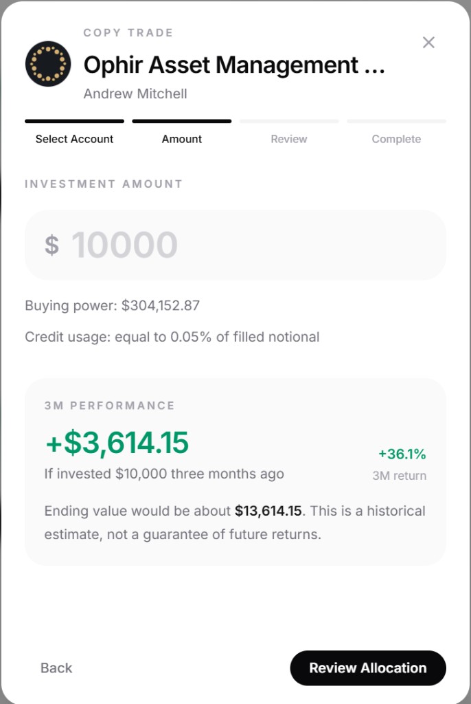 Copy Trade amount step showing buying power, credit usage, and historical 3M performance context