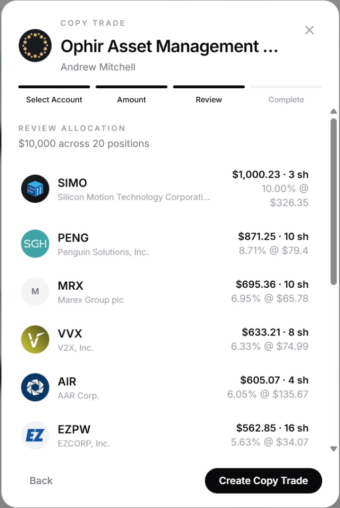 Copy Trade review allocation step showing target positions, target values, and share counts before launch