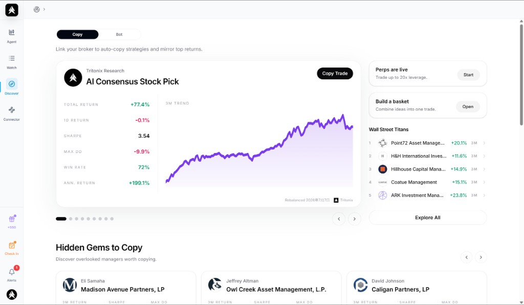 Copy Trade discovery page with strategy cards, performance snapshots, and Copy Trade entry points