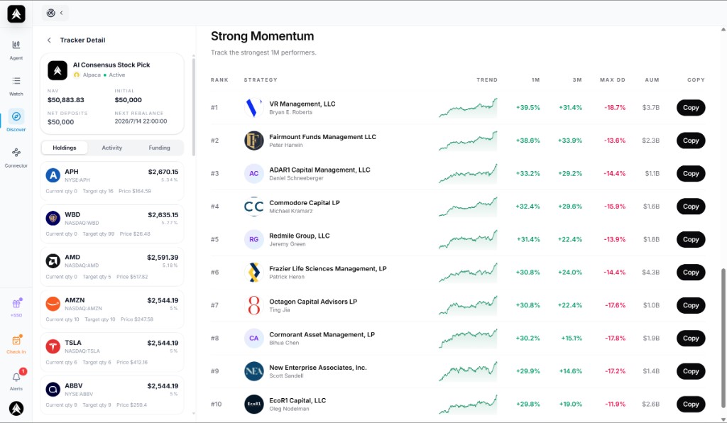 Copy Trade tracker detail view showing holdings, key stats, and a ranked strategy list on the right