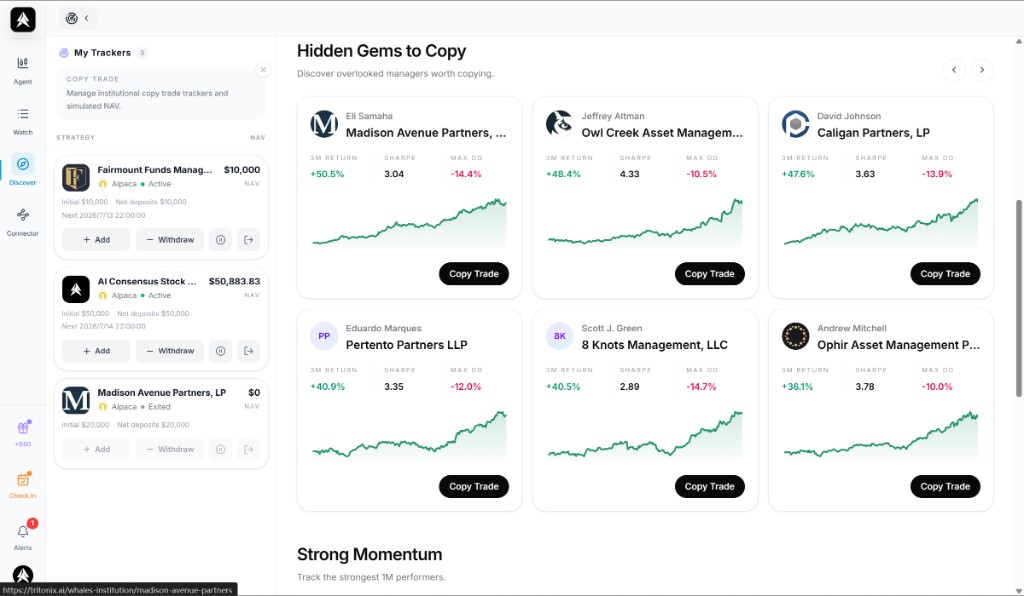 Copy Trade tracker list showing multiple active trackers, NAV snapshots, and quick funding actions