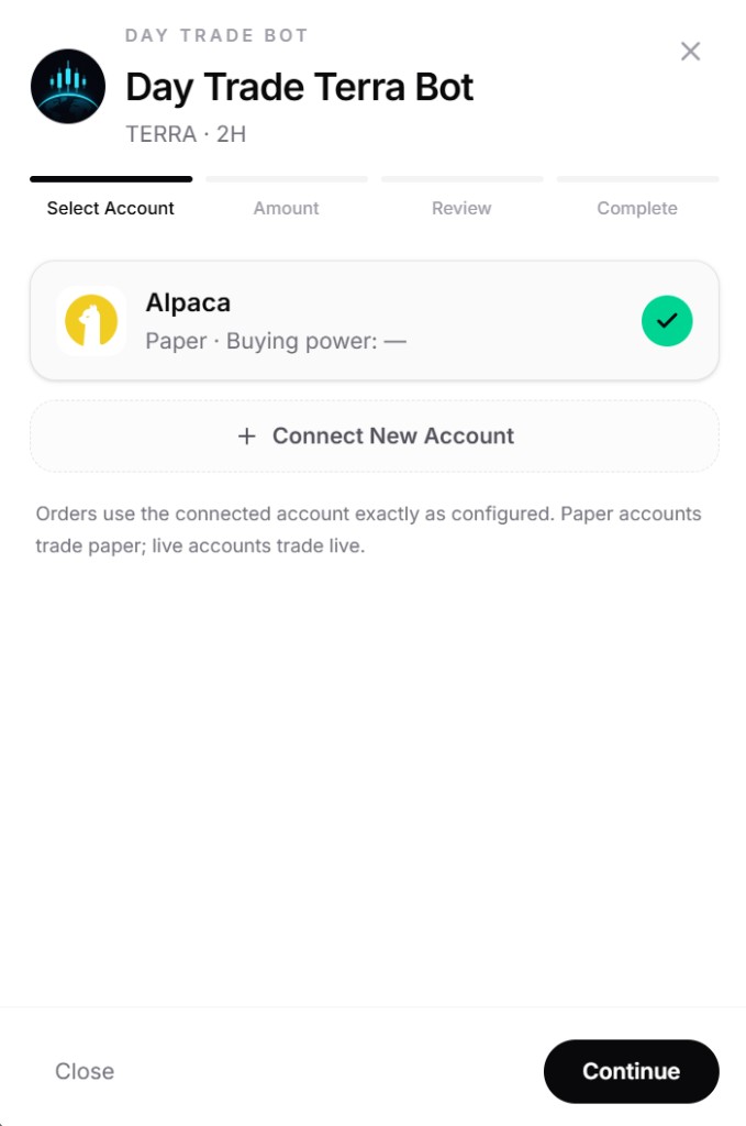 Day Trade Bot deploy flow: select account