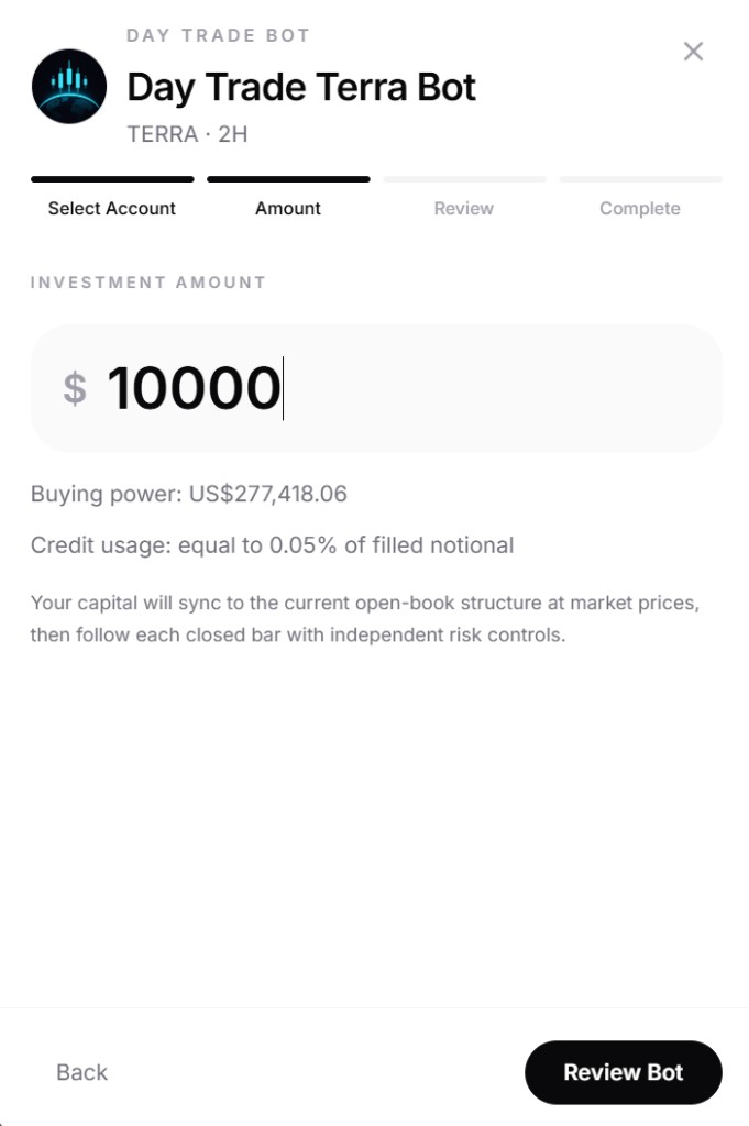 Day Trade Bot deploy flow: set amount