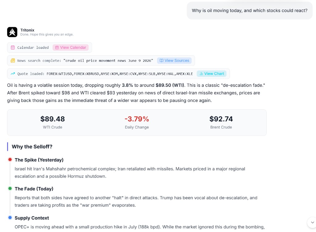 Example of Tritonix explaining an oil move and related stocks
