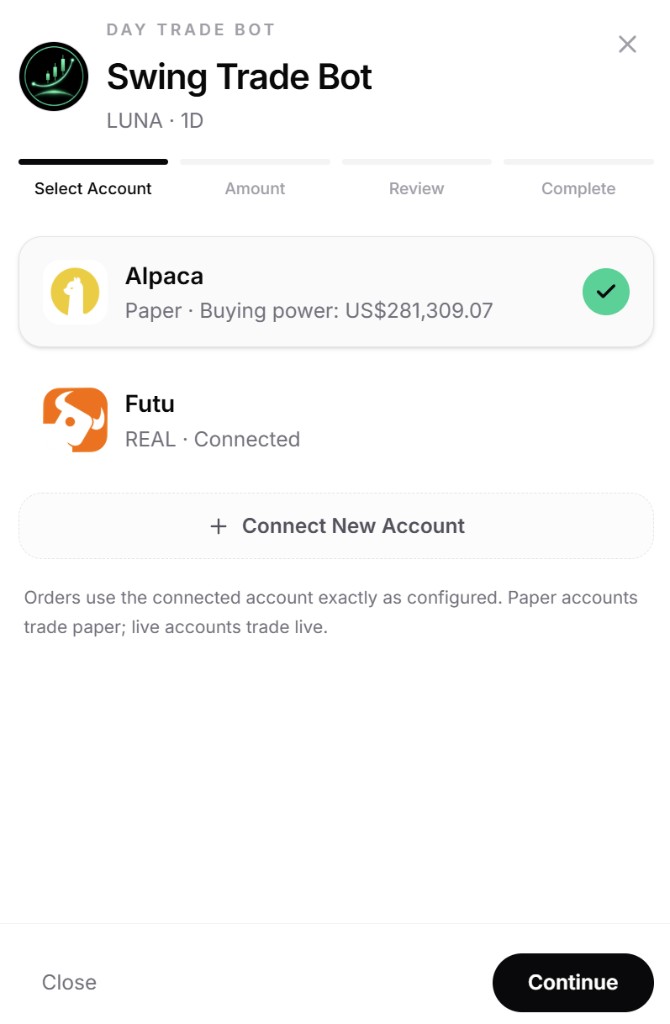 Swing Trade Bot deploy flow: select account